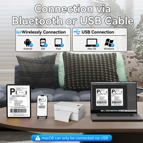 PB 40 Shipping Label Printer in White, supports Bluetooth and USB connections for seamless printing from iPhone, iPad, Android, Windows, and Mac devices. Compact wireless label printer displayed on a table, printing shipping labels next to smartphone, tablet, and laptop.