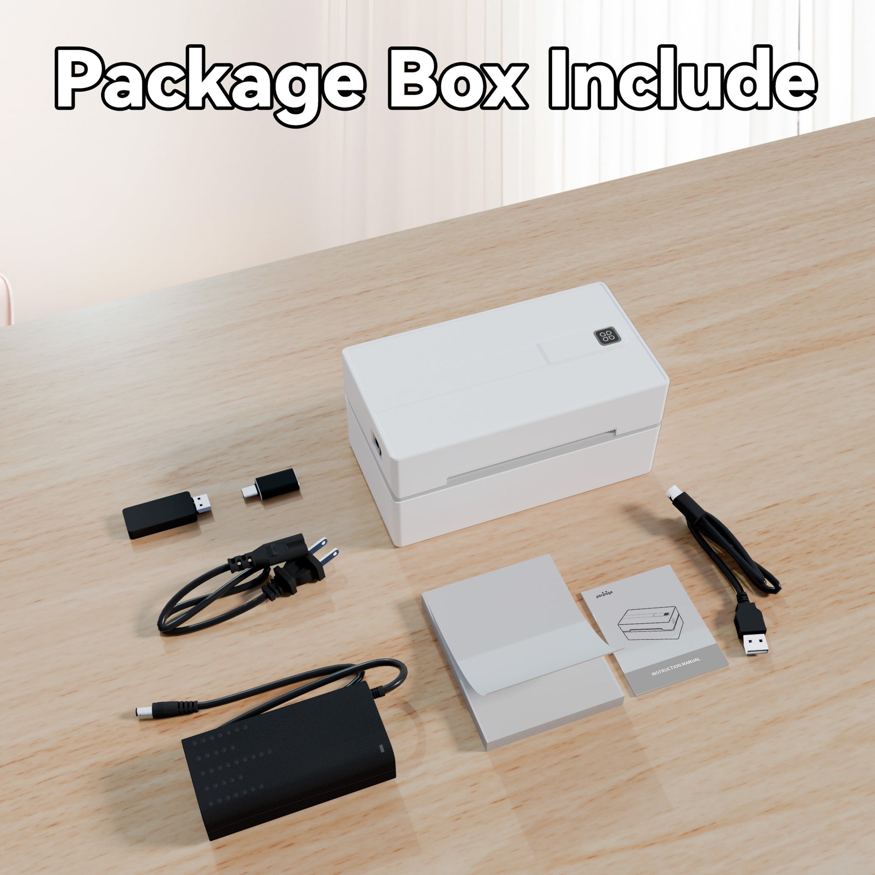 PB 40 Shipping Label Printer in White designed for effortless shipping label printing across iPhone, iPad, Android, Windows, and Mac devices. The package includes the printer, power adapter, USB cable, cords, and user manuals neatly arranged on a wooden table.