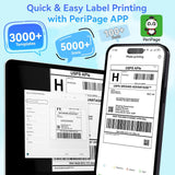 peripage PB40 Shipping Label Printer for Shipping Packages, supporting iPhone, iPad, Android, Windows, and Mac, shown in use printing and applying labels on a shipping box.