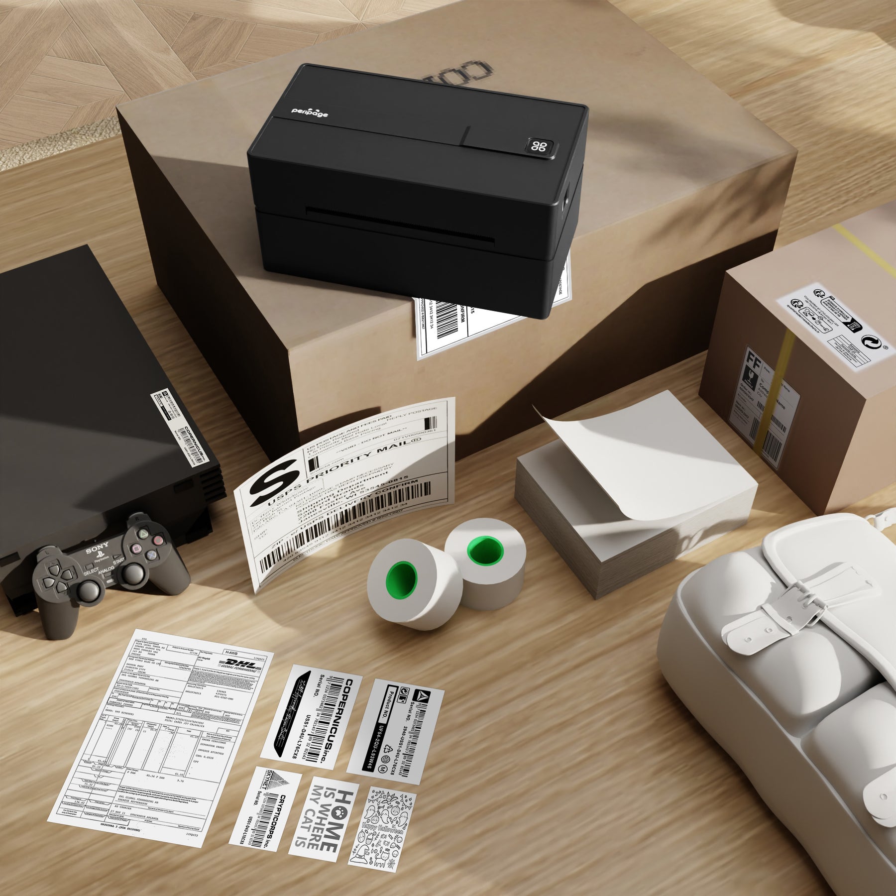 peripage PB40 Shipping Label Printer for Shipping Packages, supporting iPhone, iPad, Android, Windows, and Mac, shown in use printing and applying labels on a shipping box.