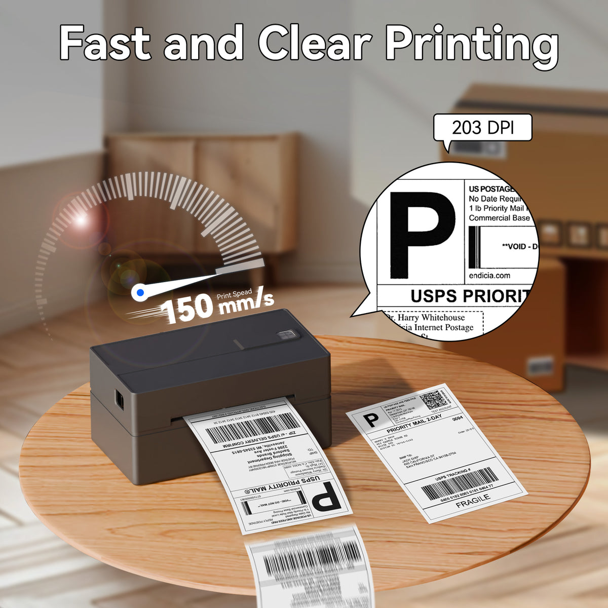 PB40 Shipping Label Printer for Shipping Packages, supporting iPhone, iPad, Android, Windows, and Mac, placed on a desk while printing a shipping label