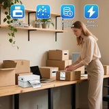 PB 40 Shipping Label Printer in White, compatible with multiple e-commerce and logistics platforms such as Amazon, Etsy, eBay, Shopify, FedEx, UPS, and ShipStation. The printer is placed on a wooden desk beside a monitor displaying supported brands.