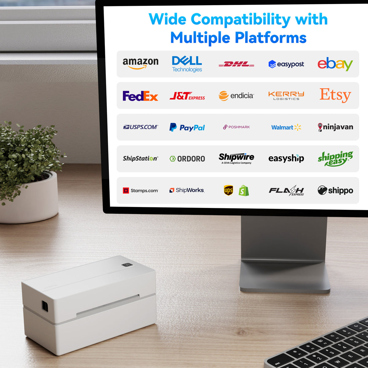 PB 40 Shipping Label Printer in White, compatible with multiple e-commerce and logistics platforms such as Amazon, Etsy, eBay, Shopify, FedEx, UPS, and ShipStation. The printer is placed on a wooden desk beside a monitor displaying supported brands.