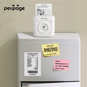 PeriPage A6 mini thermal printer printing notes and lists on a fridge, perfect for home reminders and productivity organization