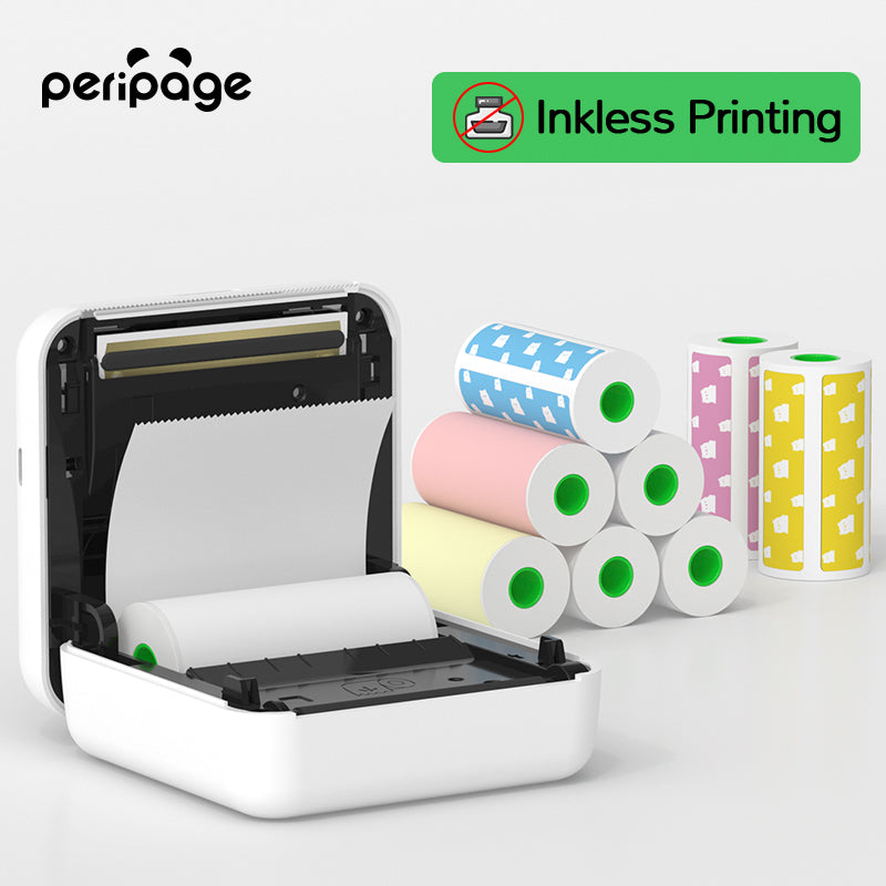 PeriPage A6 portable thermal printer with multiple colorful printing paper rolls, showing inkless printing design and easy paper loading