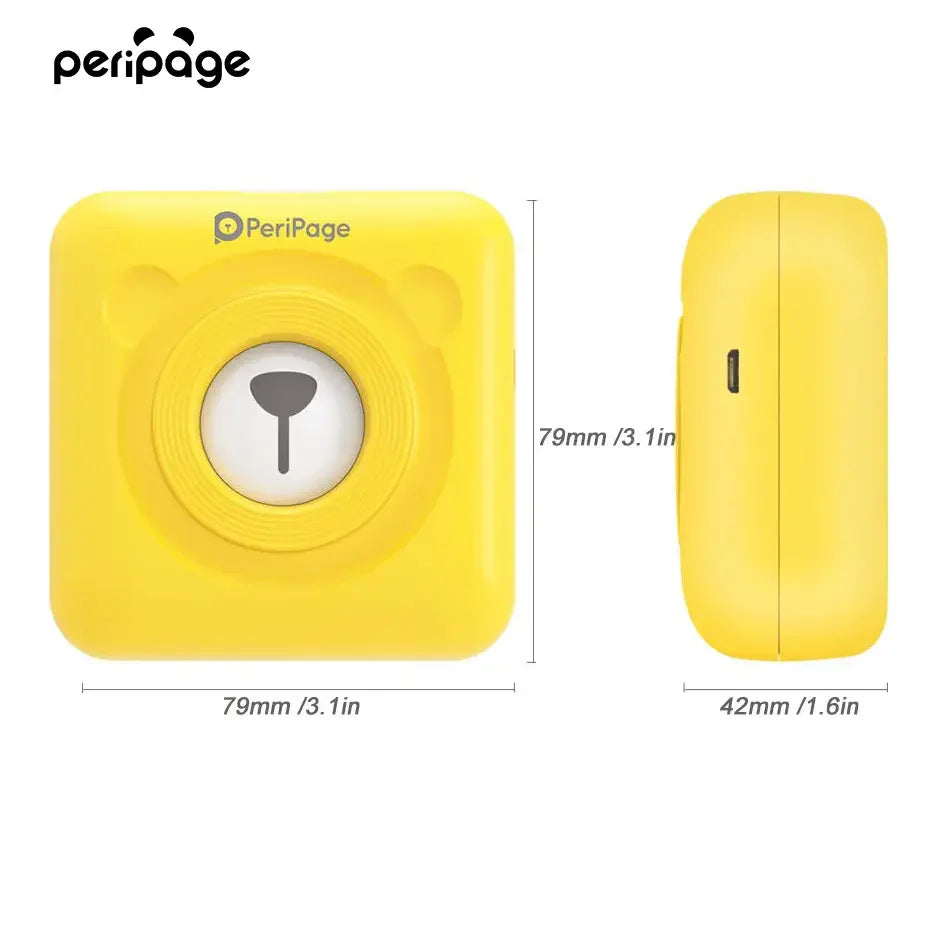 PeriPage 2" A6 Mini Printer dimensions: 79mm x 79mm x 42mm, shown from the front and side view for size reference.