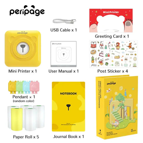 PeriPage 2" A6 Mini Printer Gift Box containing a USB cable, user manual, stickers, and a notebook