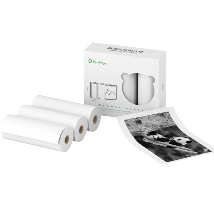 PeriPage thermal paper rolls, three rolls of 77×30mm paper for grayscale printing, with a sample printed panda image