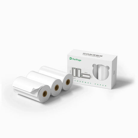 PeriPage A6 30mm Label Sticker - Thermal paper rolls with 3 rolls per box, designed for A6, A8, and A9 printers. Ideal for labels and stickers. White color with a green core