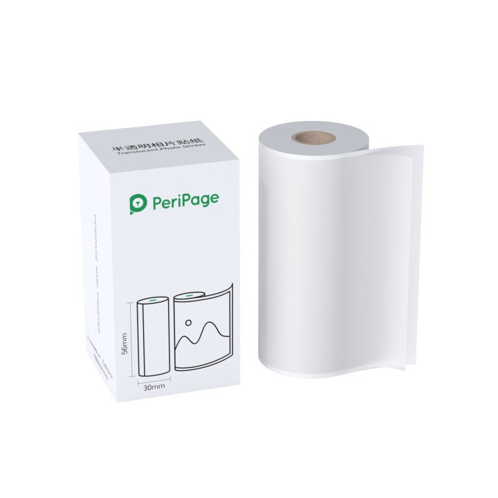 A PeriPage A6 56×30mm Translucent Paper Roll displayed next to the box, perfect for photo printing