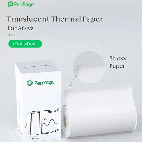 PeriPage A6 56×30mm Translucent PeriPage A6 56×30mm Translucent Thermal Paper Roll, showing the roll with sticky paper feature
