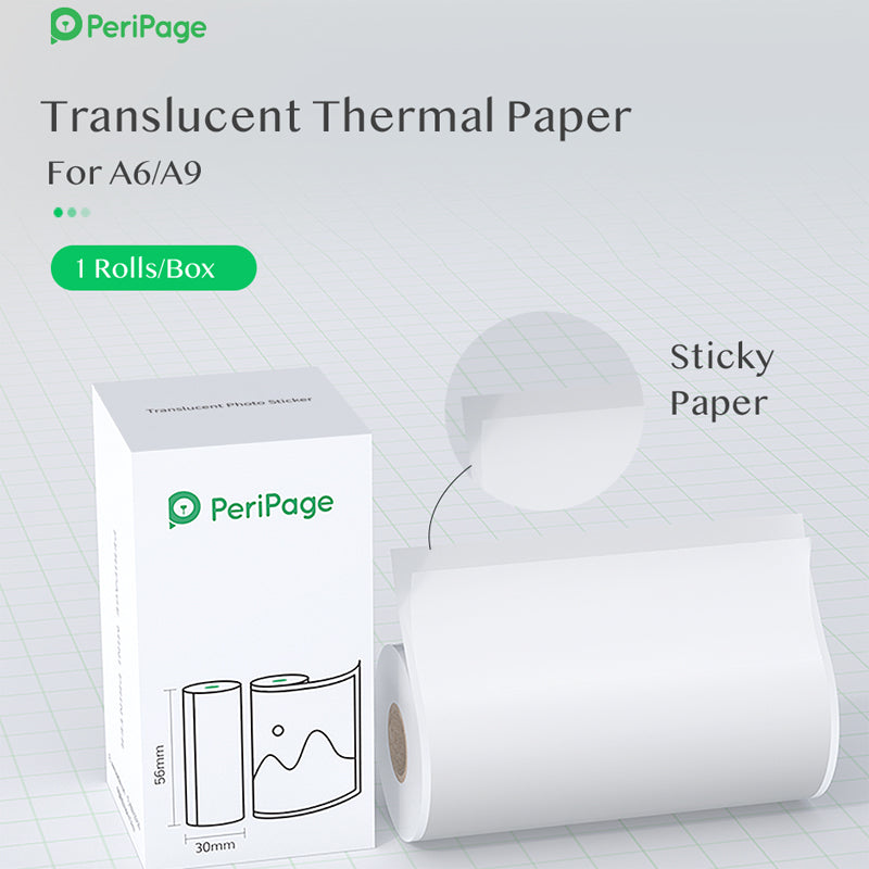 PeriPage A6 56×30mm Translucent PeriPage A6 56×30mm Translucent Thermal Paper Roll, showing the roll with sticky paper feature