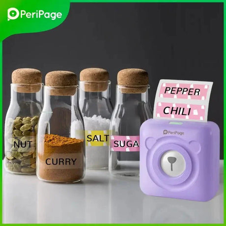 PeriPage A6 Mini Printer in purple, demonstrating its 2-inch inkless printing with a photo. Features include OCR, webpage, and AR photo printing for a range of personal or office tasks