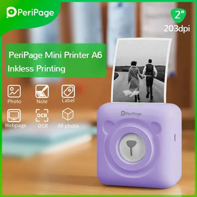 Close-up view of the PeriPage A6 Mini Printer in purple printing a high-quality black and white photo. Inkless printing technology offers high resolution for photos, labels, and text