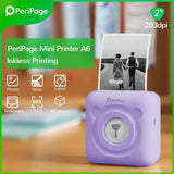Close-up view of the PeriPage A6 Mini Printer in purple printing a high-quality black and white photo. Inkless printing technology offers high resolution for photos, labels, and text