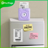 PeriPage A6 Mini Printer in purple printing a receipt-like label with Bistro specials for easy use in small businesses or cafes. The compact printer offers high-quality text and graphic printing
