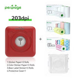 PeriPage A9 Red 203dpi Printer bundle with 3 rolls of sticker paper, 3 rolls of color sticker paper, 3 rolls of bear label stickers, and a protective case