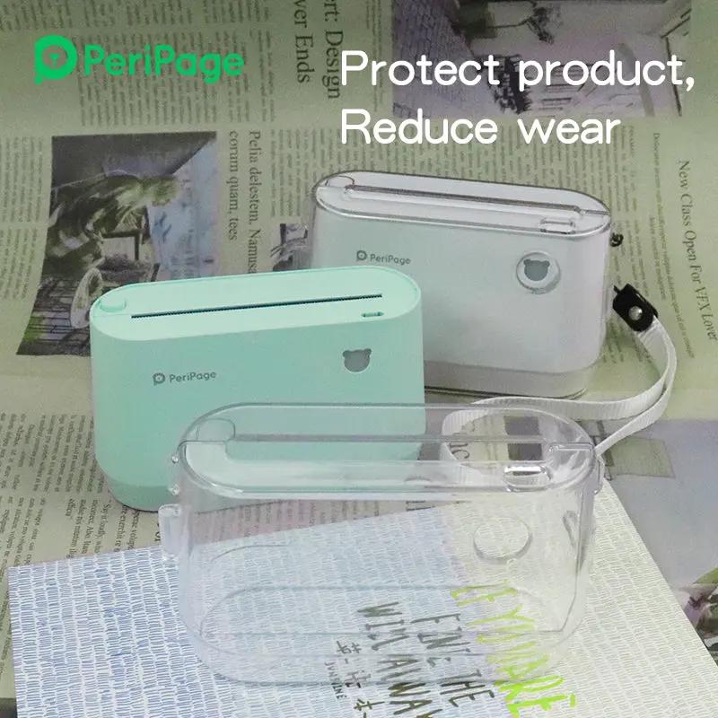 Clear protective case for PeriPage A9 printer, designed to safeguard against damage and easy to carry with a nylon rope attachment