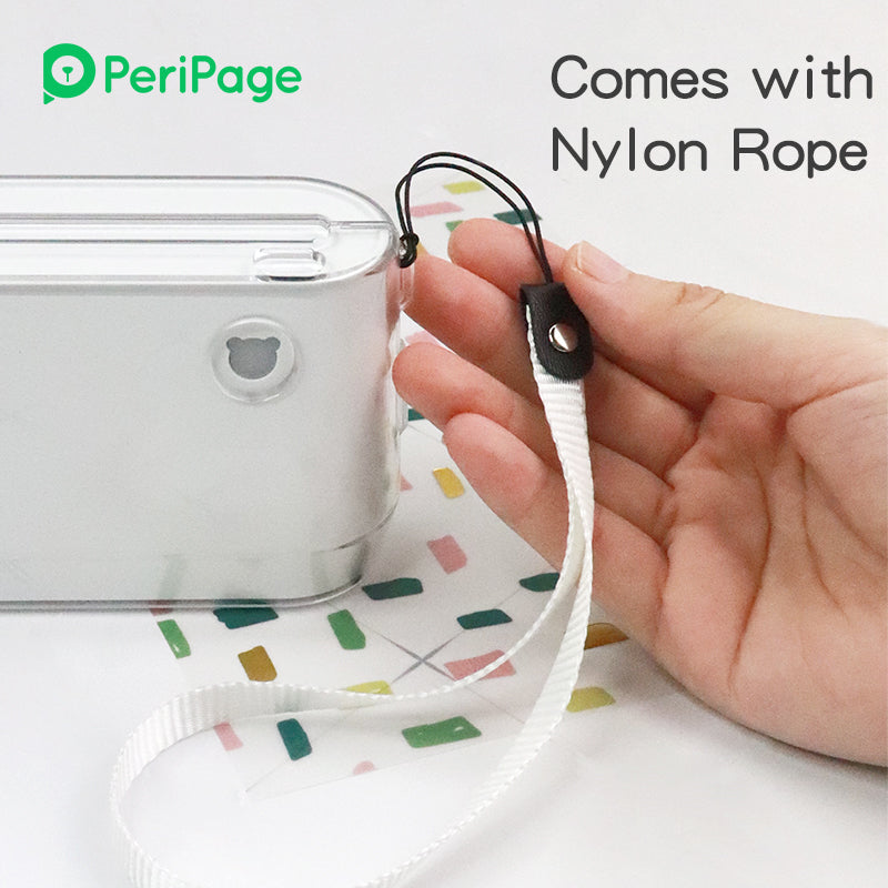 Transparent protective case for PeriPage A9 printer, featuring a snap-in design and nylon rope for easy portability and protection
