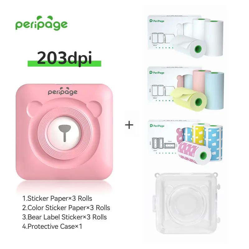PeriPage Pink 203dpi Bluetooth Thermal Printer Set with Sticker Paper, Color Sticker Paper, Bear Label Stickers and Protective Case