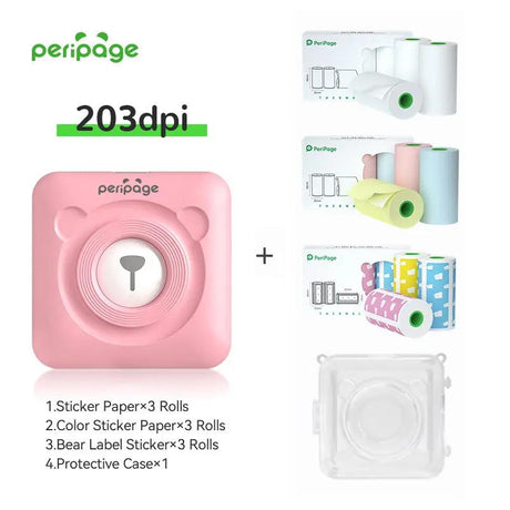 PeriPage Pink 203dpi Bluetooth Thermal Printer Set with Sticker Paper, Color Sticker Paper, Bear Label Stickers and Protective Case