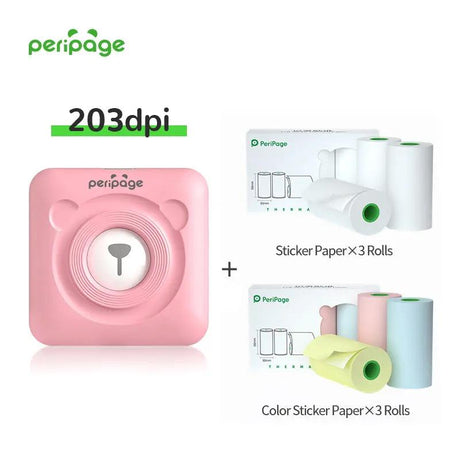 PeriPage Pink 203dpi Mini Sticker Printer with 3 Rolls Sticker Paper and 3 Rolls Color Sticker Paper, Compact Bluetooth Label Printer