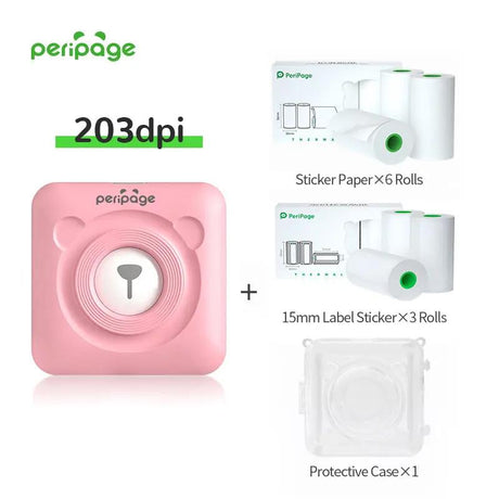 PeriPage Pink Mini Thermal Label Printer 203dpi with 6 Rolls Sticker Paper, 3 Rolls 15mm Label Stickers and Protective Case