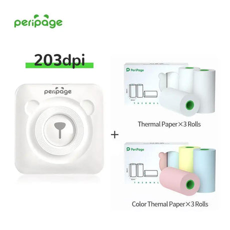 PeriPage White 203dpi Mini Thermal Printer with 3 Rolls Thermal Paper and 3 Rolls Color Thermal Paper, Portable Bluetooth Printer