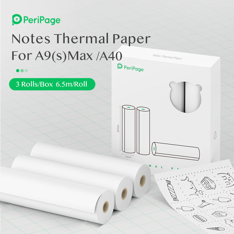 Packaging of PeriPage 107×30mm White Thermal Paper, 3 rolls per box, perfect for printing documents and notes