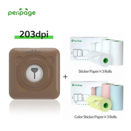PeriPage brown 203dpi printer bundle with 3 rolls sticker paper and 3 rolls color sticker paper for creative printing and labeling