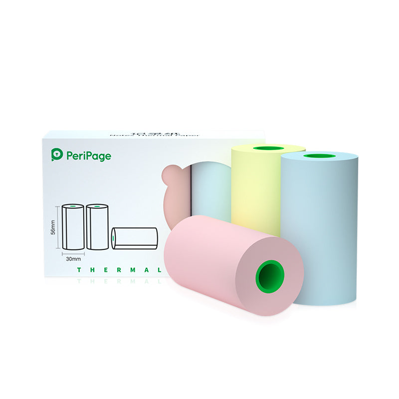 PeriPage 56×30mm Thermal Paper 3 Rolls in pastel colors placed in front of the product box, showing pink, yellow, and blue rolls.
