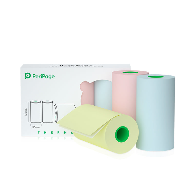 PeriPage 56×30mm Thermal Paper 3 Rolls with one yellow roll partly unrolled in front of the box, highlighting smooth thermal surface and soft pastel colors