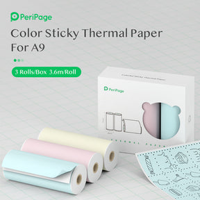 PeriPage Color Sticky Thermal Paper for A9, featuring pastel colors in blue, pink, and yellow, with 3 rolls of 3.6m each per box