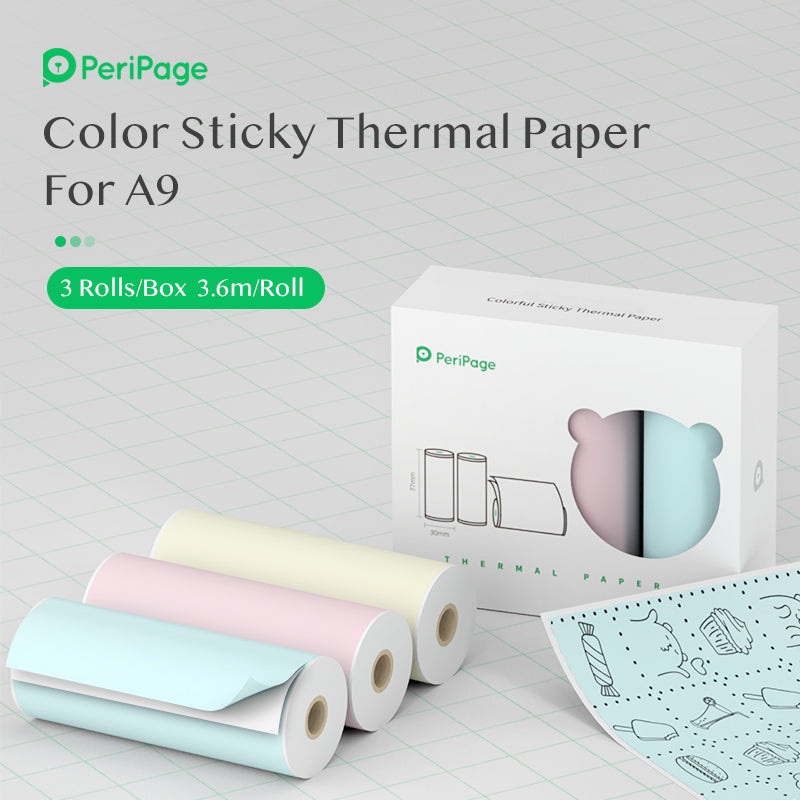 PeriPage Color Sticky Thermal Paper for A9, featuring pastel colors in blue, pink, and yellow, with 3 rolls of 3.6m each per box