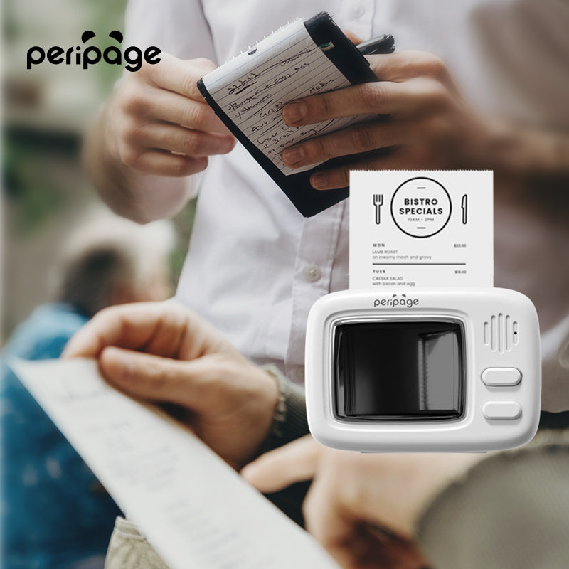 PeriPage A2 Portable Thermal Printer printing a bistro menu, showing its ability to print receipts or notes