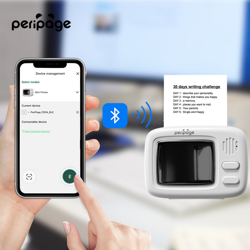 PeriPage A2 Portable Thermal Printer connecting via Bluetooth to a smartphone, printing a 30-day writing challenge list
