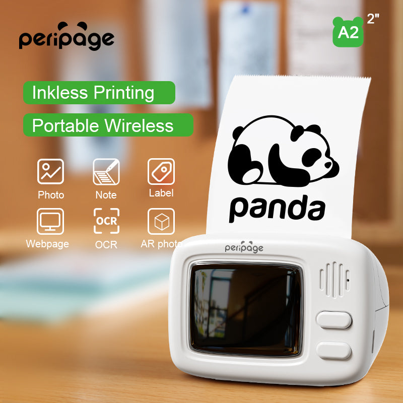 PeriPage A2 Portable Thermal Printer demonstrating inkless printing with the panda image printed on thermal paper