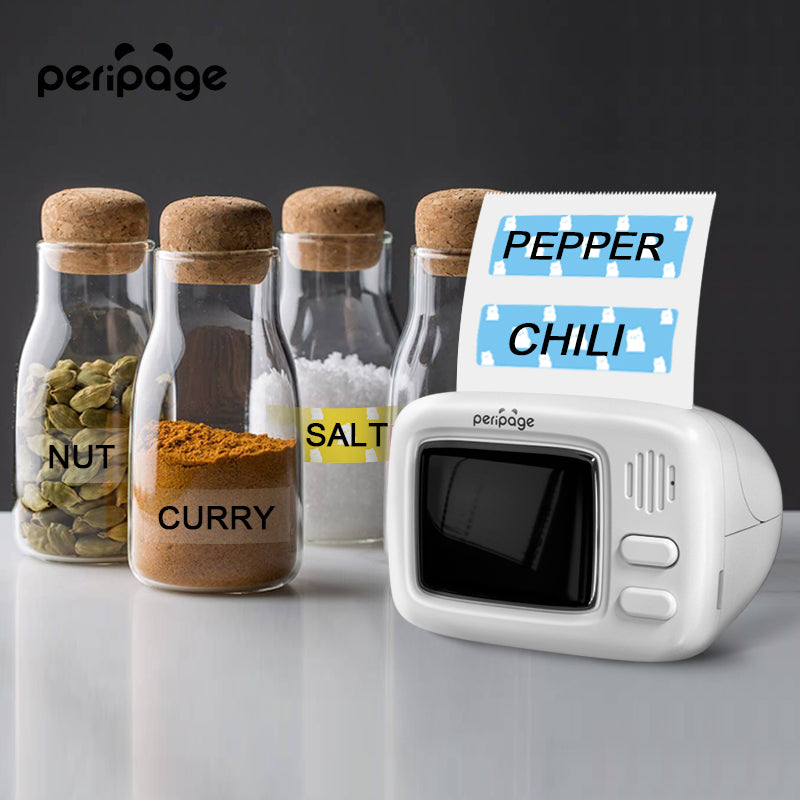 PeriPage A2 Portable Thermal Printer used for label printing on spice jars like pepper, salt, and curry powder