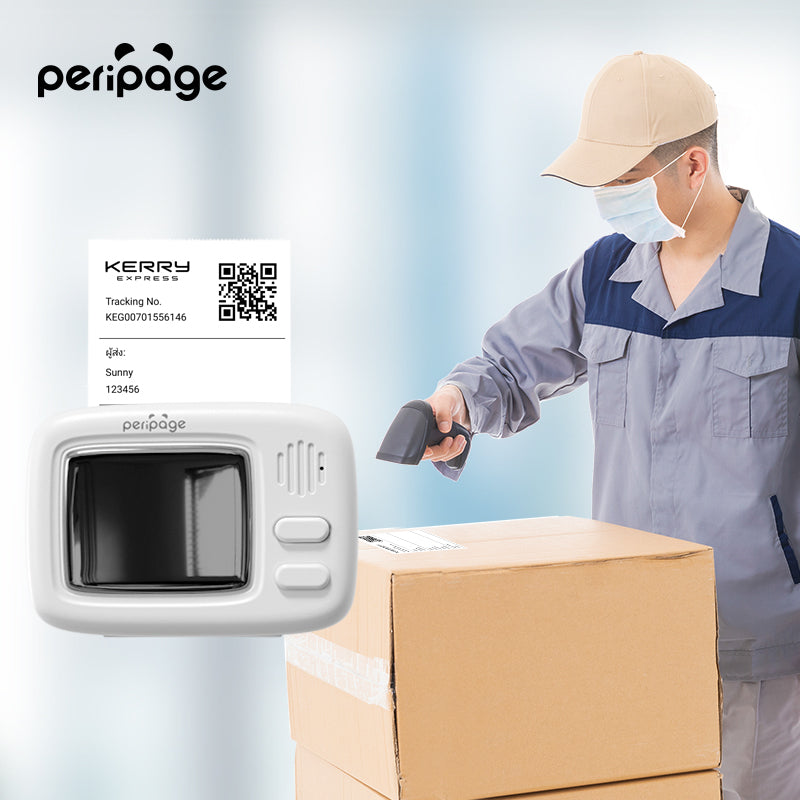 PeriPage A2 Portable Thermal Printer printing a shipping label with QR code and tracking number for delivery