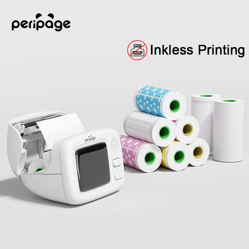PeriPage A2 Portable Thermal Printer shown with various rolls of thermal paper, ready for inkless printing