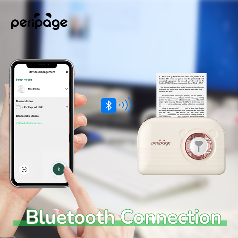 PeriPage A3X Mini Pocket Thermal Printer connected to smartphone via Bluetooth, easy mobile wireless printing with app control.