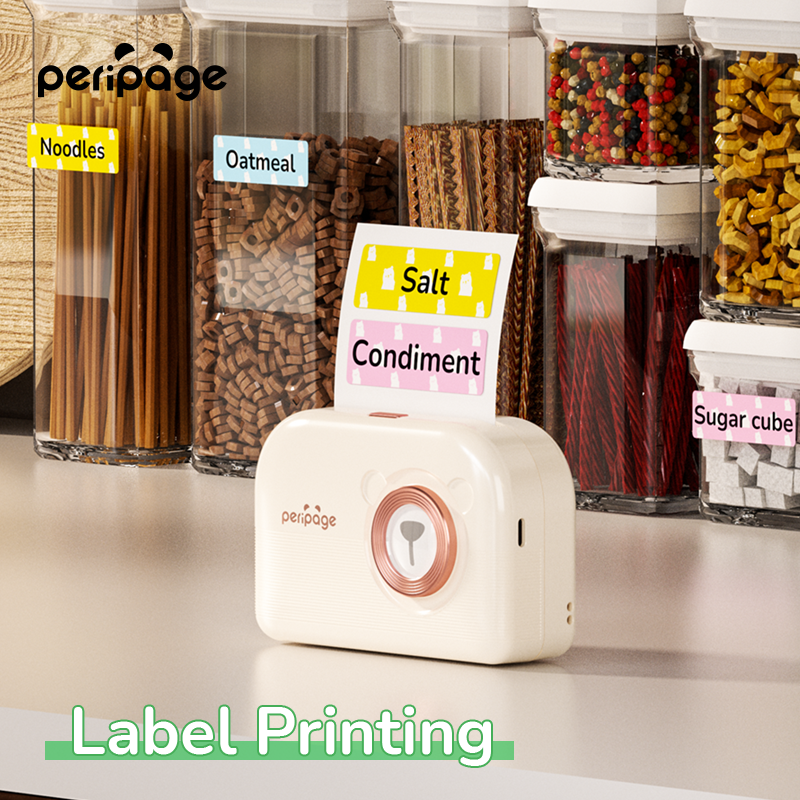 PeriPage A3X Mini Pocket Thermal Printer printing colorful kitchen labels for jars and containers, ideal for home organization.