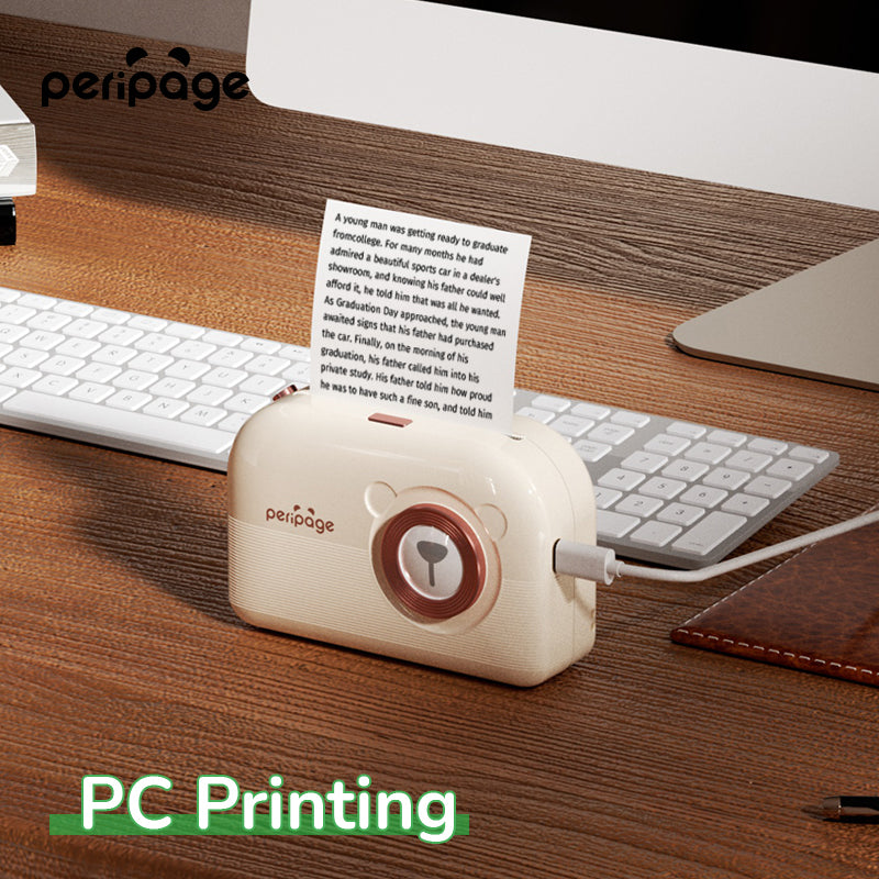PeriPage A3X Mini Pocket Thermal Printer connected to computer for PC printing, convenient USB printing setup for office documents.