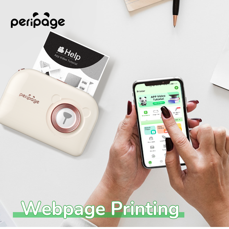PeriPage A3X Mini Pocket Thermal Printer printing from webpage using mobile app, fast and easy online content printing.
