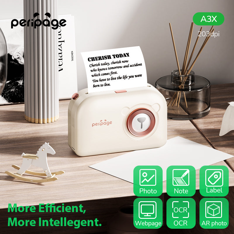 PeriPage A3X Mini Pocket Thermal Printer showing wireless thermal printing for notes and images, compact portable printer for home or office use