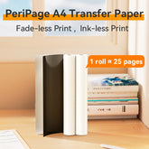 PeriPage A4 Transfer Paper rolls on a desk beside books, showing fade-less and ink-less printing feature.