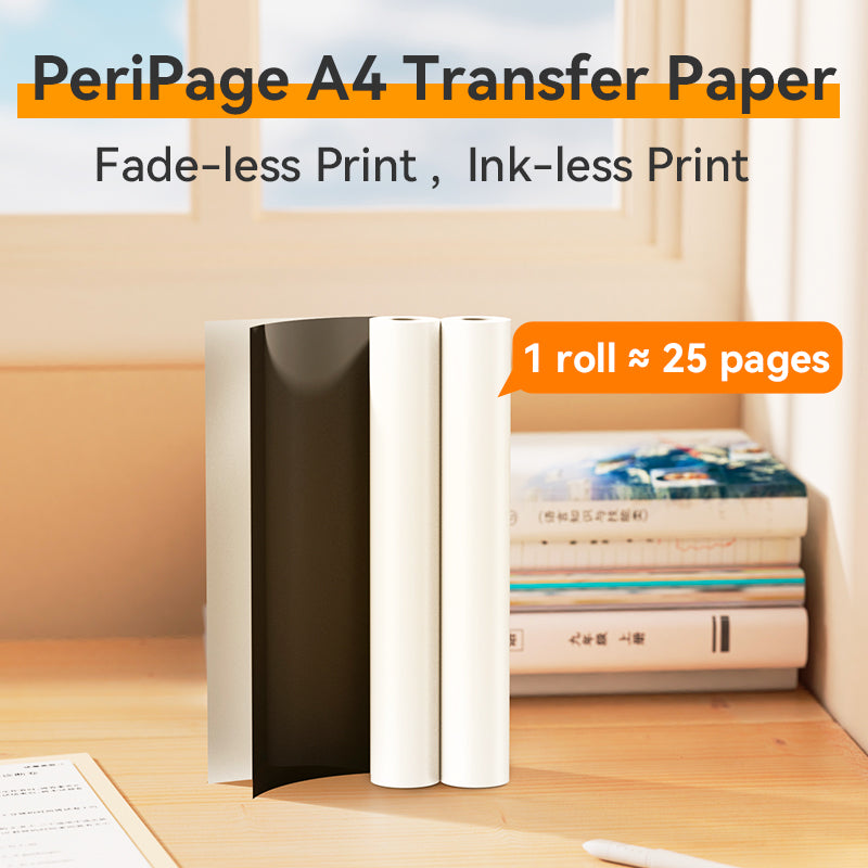 PeriPage A4 Transfer Paper rolls on a desk beside books, showing fade-less and ink-less printing feature.