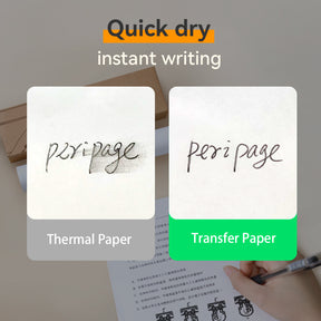 Comparison between thermal paper and PeriPage A4 Transfer Paper showing quick-dry and clear handwriting.