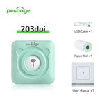 PeriPage A6 203dpi mint green portable printer set with USB cable, one paper roll, and instruction manual for everyday printing