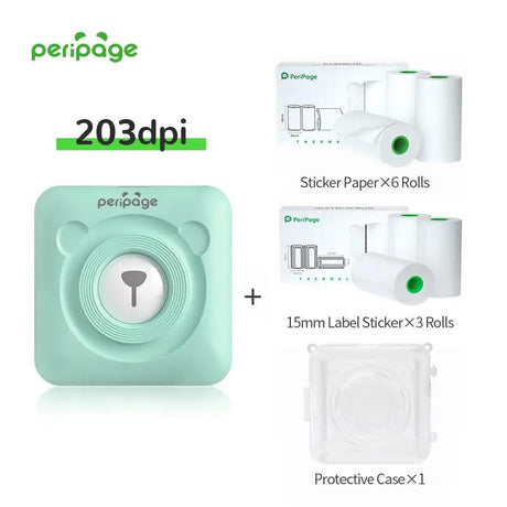 PeriPage A6 203dpi mint green printer combo including 6 rolls of sticker paper, 3 rolls of 15mm label stickers, and 1 protective transparent case